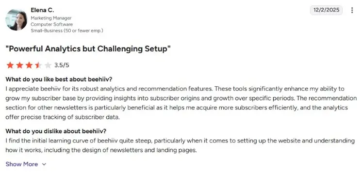 Customer review explaining where Beehiiv excels with analytics, recommendations, and subscriber growth tools