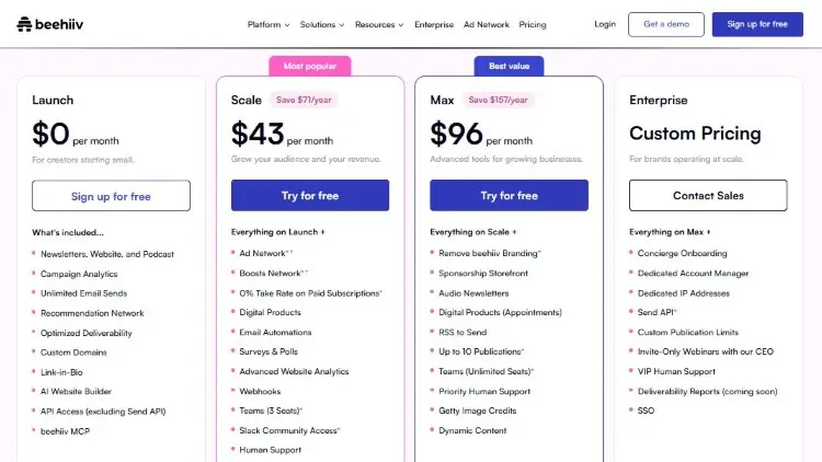 Pricing table showing Beehiiv platform tiers including a free plan option for creators