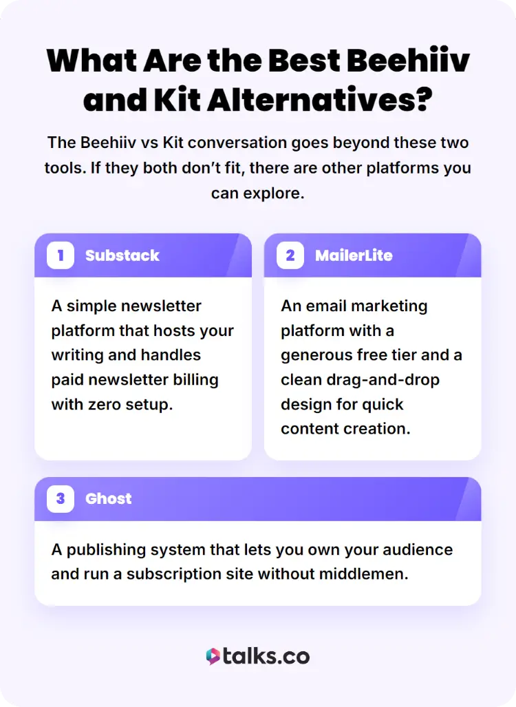 Comparison graphic showing newsletter platform alternatives that may be better for creators depending on their goals