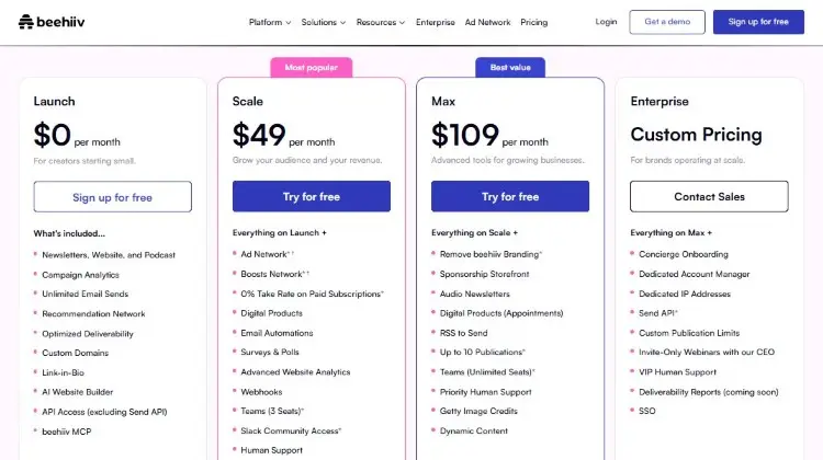 Beehiiv pricing page displaying Launch, Scale, Max, and Enterprise subscription plans