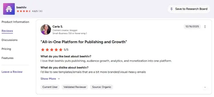Customer review explaining how Beehiiv provides publishing, analytics, and monetization features in one platform