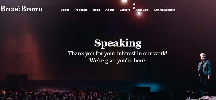 Website page promoting keynote speaking engagements with a featured speaker on stage