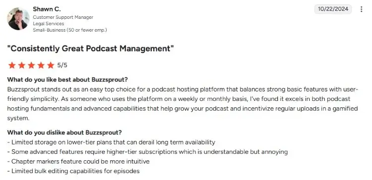 Buzzsprout customer review highlighting advanced podcast hosting capabilities and ease of use
