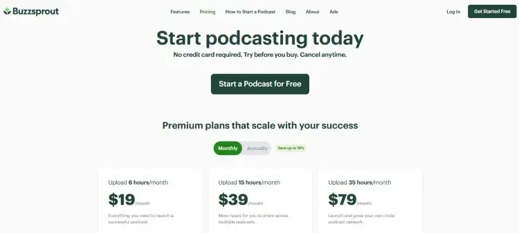 Podcast hosting website showing multiple subscription tiers and upload limits for creators