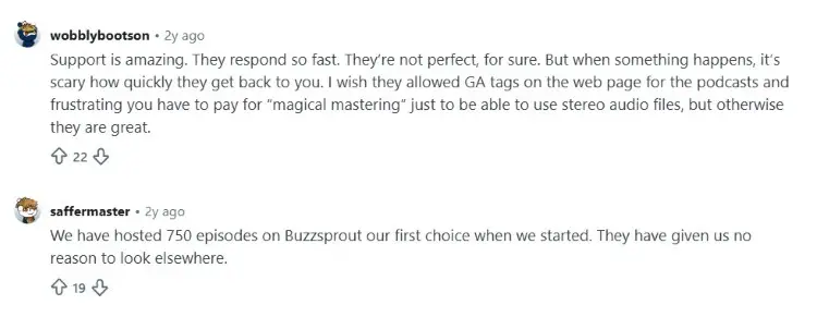 Community discussion highlighting Buzzsprout platform feature and customer support experience