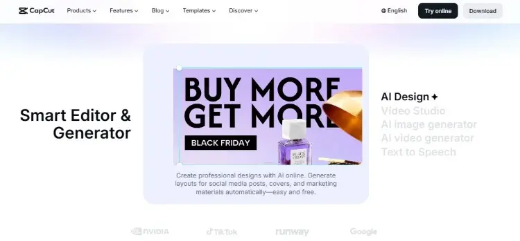 CapCut smart editor dashboard making it easy to create marketing graphics and videos