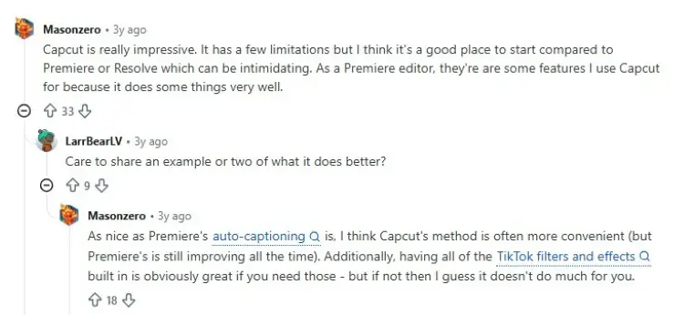 Reddit discussion comparing CapCut and professional editors, highlighting benefits especially for beginners