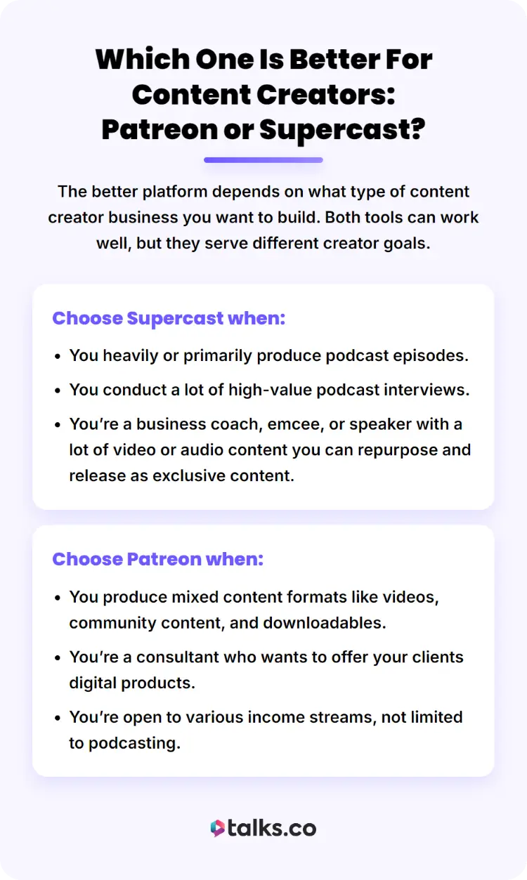 Decision guide that helps creators compare Patreon vs Supercast based on content type and monetization goals