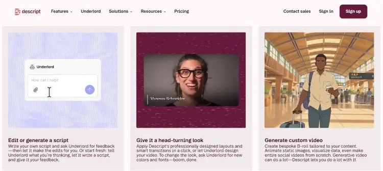 Descript interface showing AI-powered features for content creation, including script generation and video creation