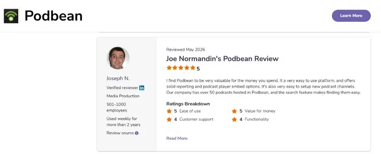 Customer review discussing Podbean's podcast hosting features and overall experience