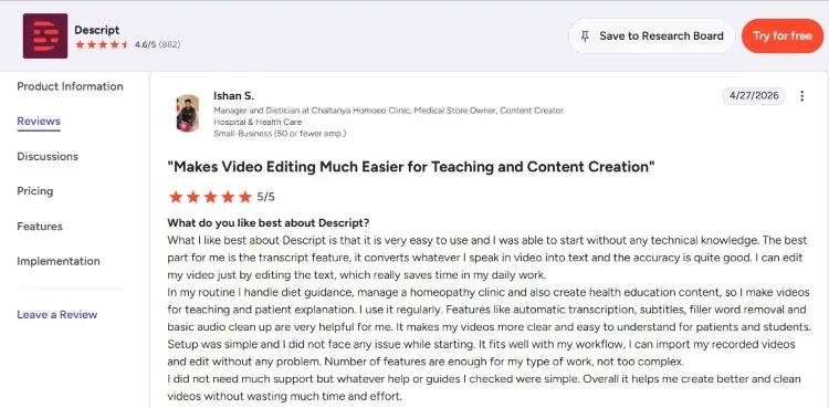 Customer review discussing the experience of using Descript for video editing and educational content
