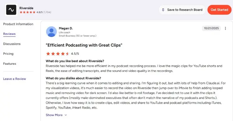 Customer review explaining how Riverside improves workflows for podcasting and content sharing