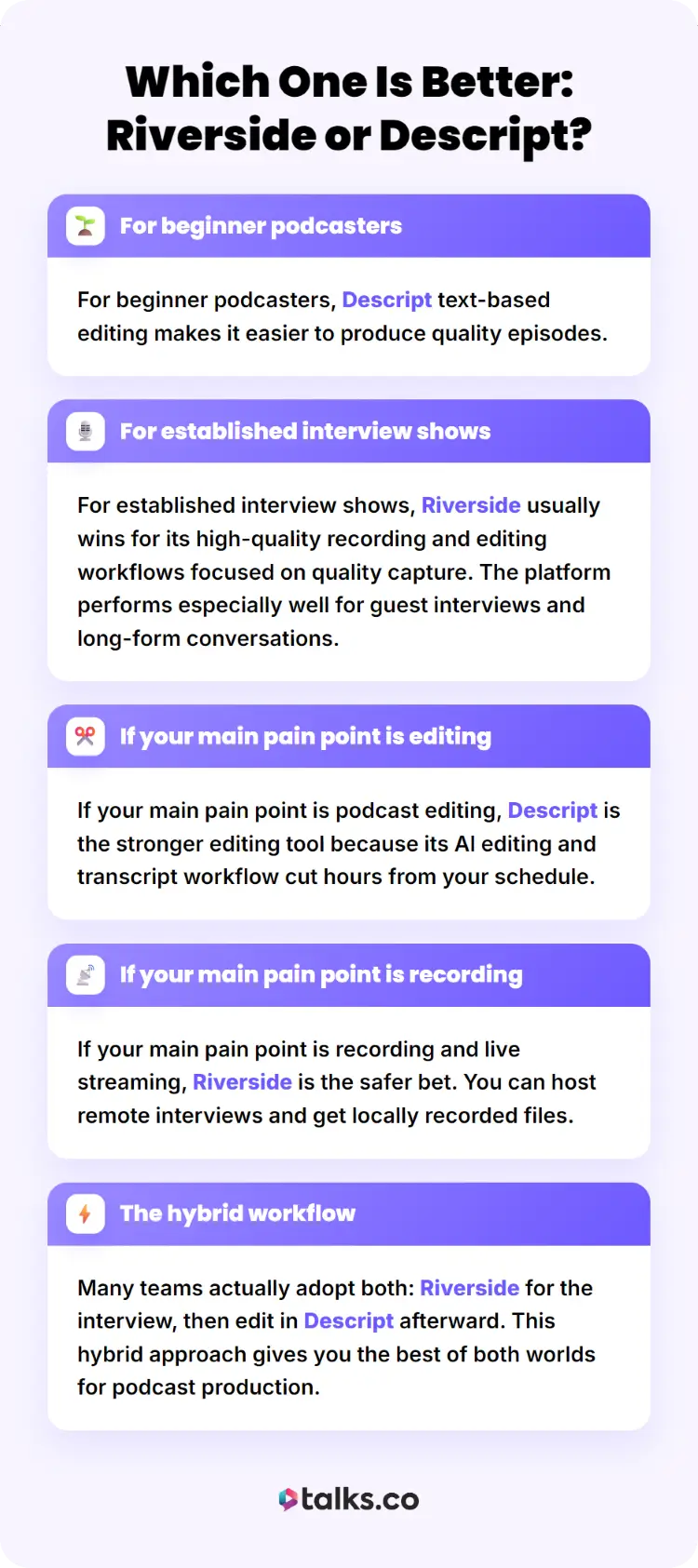 Comparison chart showing when to choose Descript and Riverside for recording, editing, and podcast production