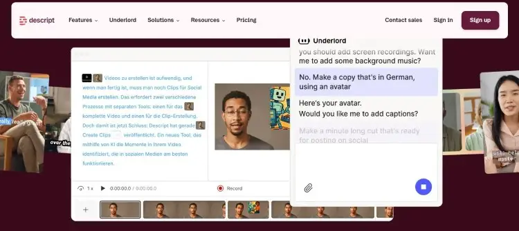 Descript interface showing editing and ai features for transcription, avatars, and content creation