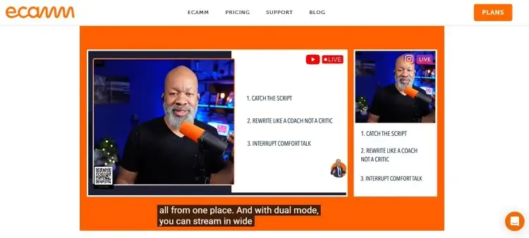 Ecamm Live interface demonstrating streaming workflows including support for multiple cameras and layouts