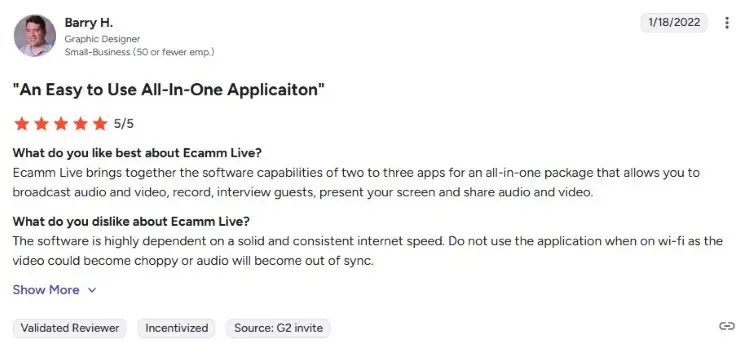 Customer review highlighting Ecamm Live ease of use and live production features