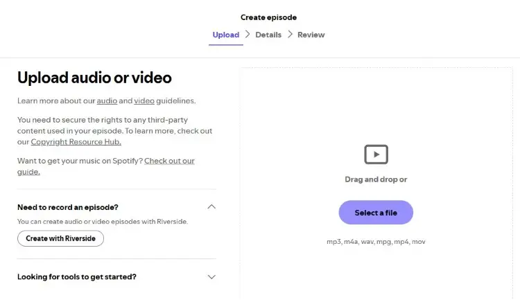 Upload screen for creators ensuring your podcast audio or video files meet platform requirements before publishing