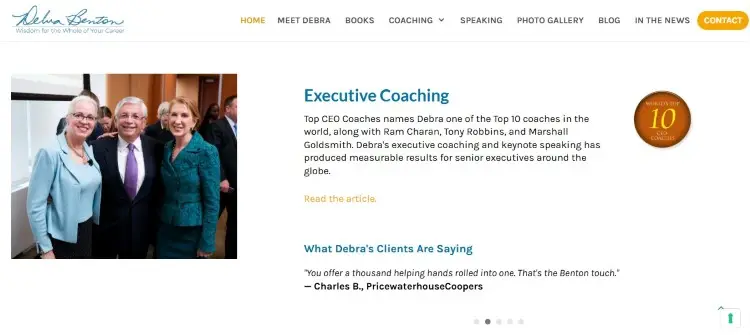 Executive coaching website featuring testimonials, achievements, and credentials from an established speaker