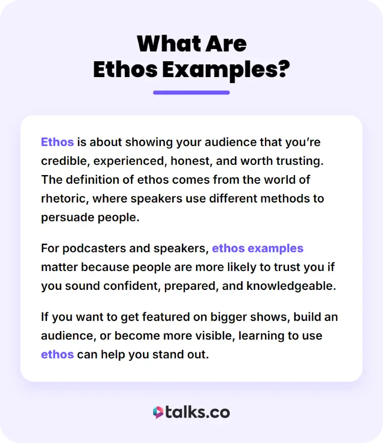 Infographic explaining the ethos definition and how credibility helps persuade an audience