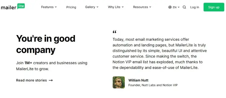 MailerLite testimonial page for businesses trying to find the best email marketing platform