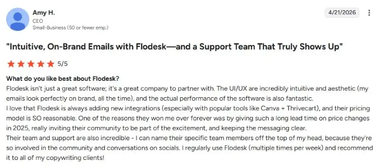 Flodesk customer review discussing design features that help creators wow their subscribers