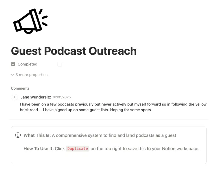 Notion workflow for planning outreach to get featured on podcasts as a guest