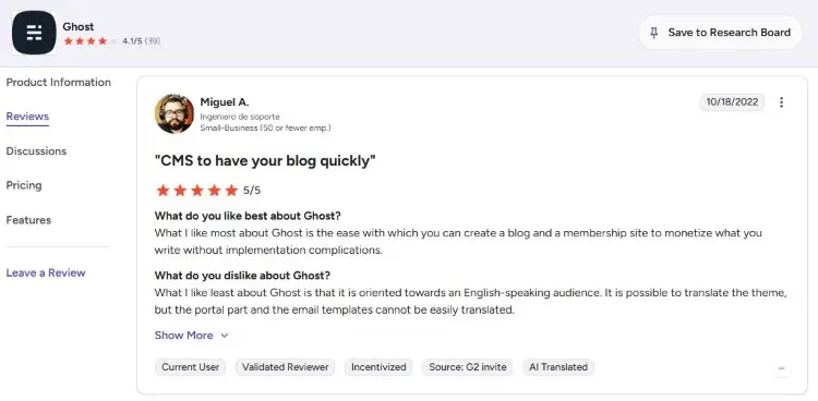 Customer review discussing why ghost is great for blogging and membership websites