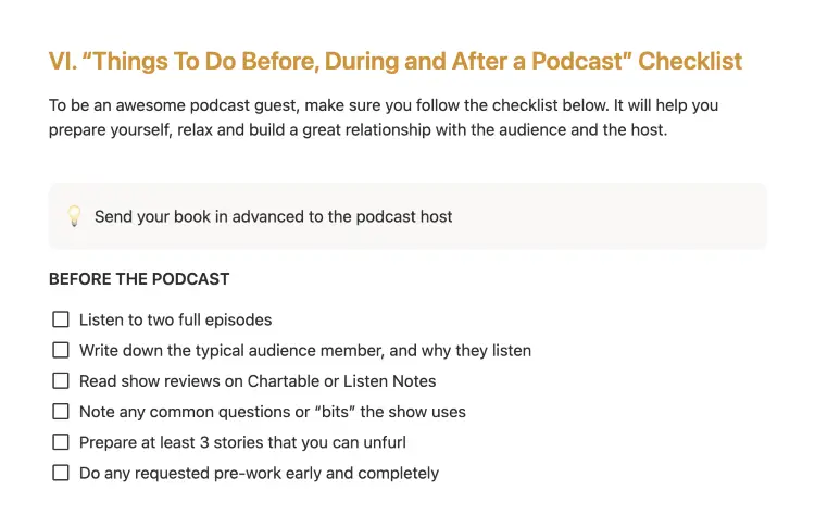 Checklist covering preparation before, during, and after appearing as a guest on podcasts