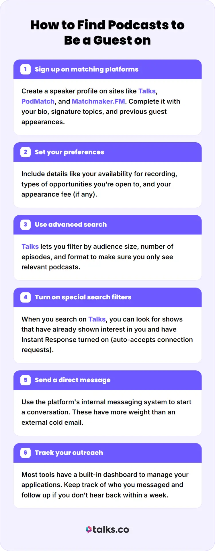 Step-by-step guide showing how to find relevant podcasts using matching platforms and search filters