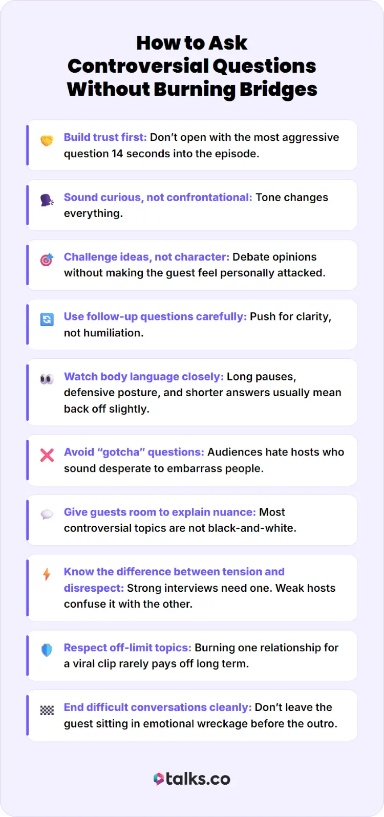 Infographic explaining how to make the conversation feel natural during controversial interviews