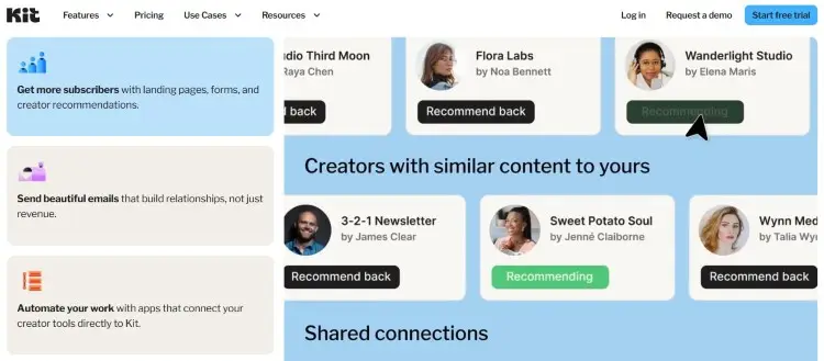Kit recommendation engine demonstrating network effects through creator referrals and subscriber recommendations