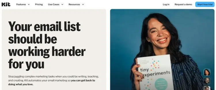 Creator-focused homepage highlighting how kit’s email marketing tools help grow and engage audiences