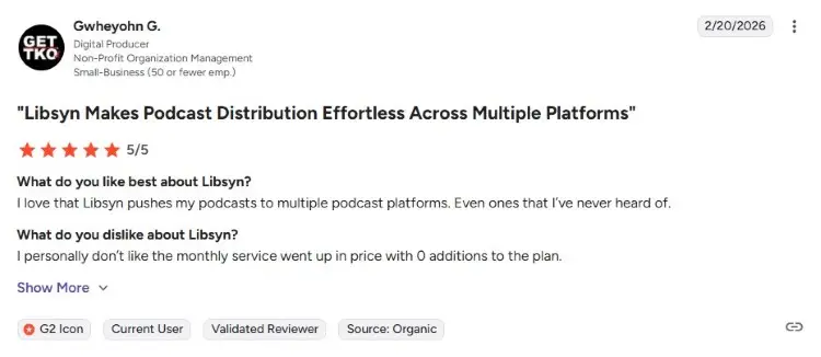 User review describing podcast distribution and publishing capabilities across multiple platforms