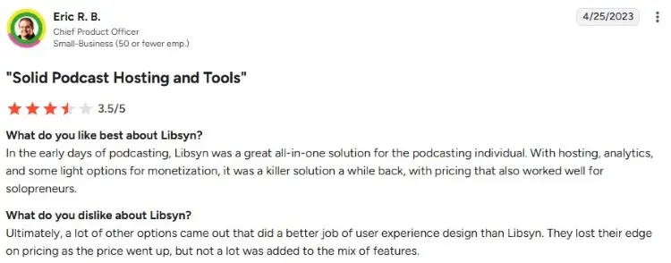 Customer review discussing Libsyn podcast hosting features and overall experience
