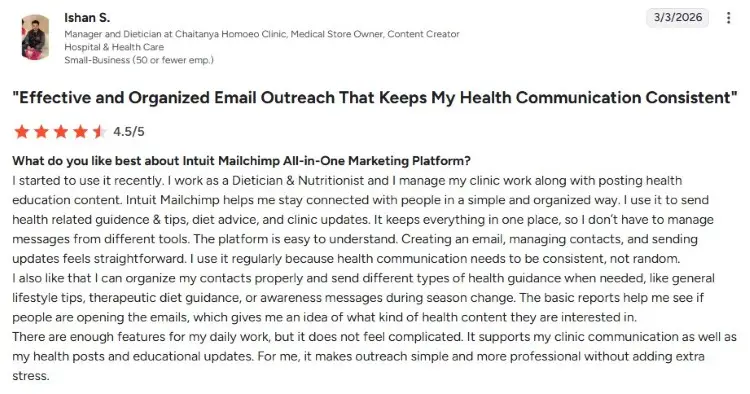 Customer testimonial describing how Mailchimp users manage email outreach and communications