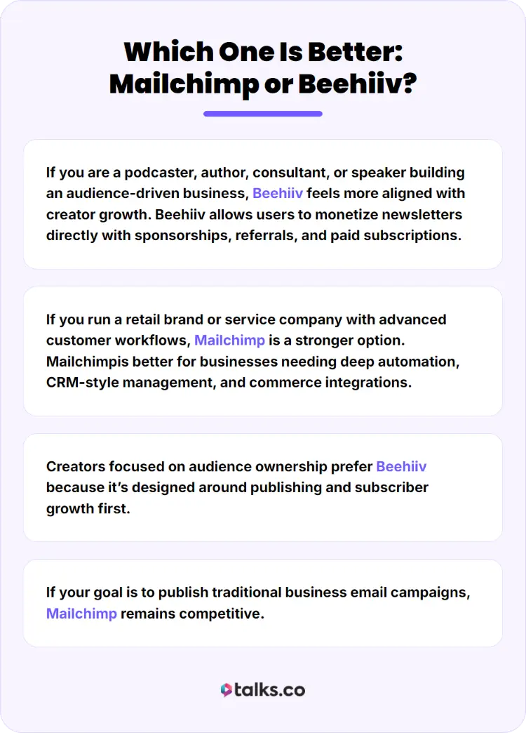 Infographic comparing Mailchimp vs Beehiiv for newsletter growth, monetization, and automation