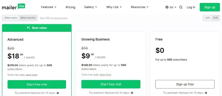 MailerLite pricing page featuring a plan at 9 per month for growing businesses