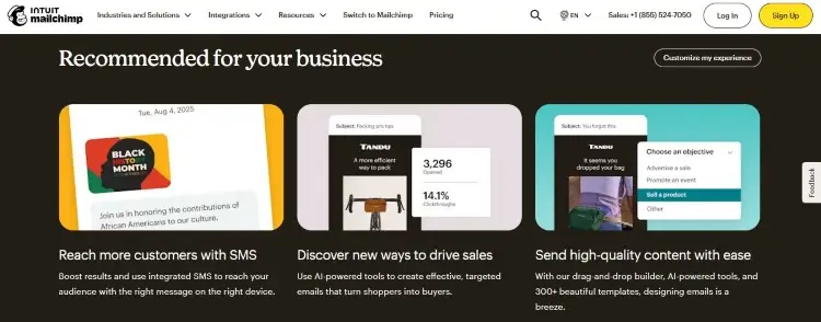 Mailchimp feature page showcasing marketing automation tools, campaigns, and customer engagement features