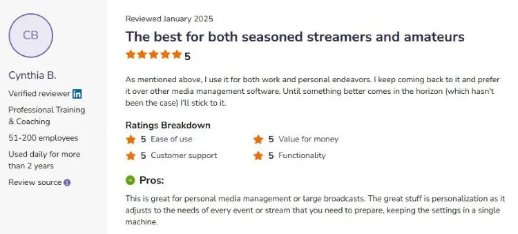 Customer review discussing why OBS is one easier platform for streamers to use