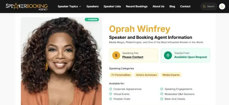 Speaker booking profile showing information related to a professional speaker’s fee and event availability
