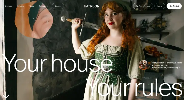 Patreon homepage showing a creator membership platform where patreon focuses on recurring support and exclusive creator benefits