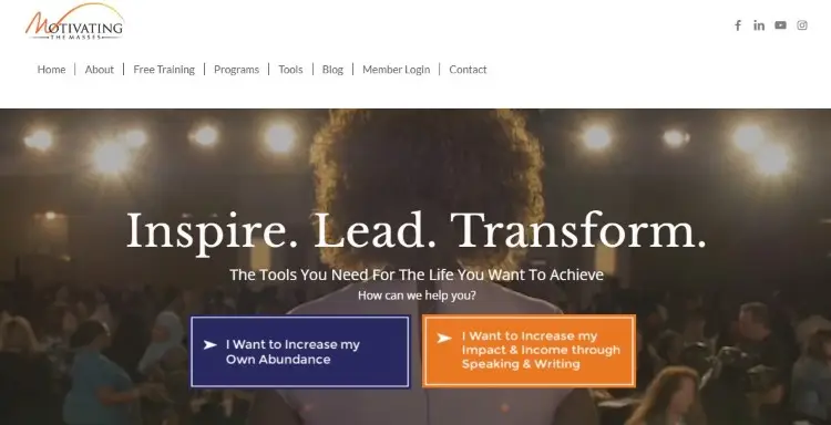 Personal brand speaker website featuring coaching services, assessments, and a clear transformation message