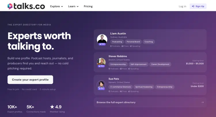 Talks.co expert directory homepage showing a platform for creators looking to connect with media opportunities
