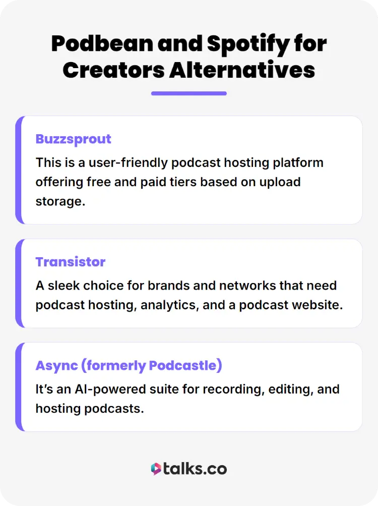 Comparison graphic showing alternatives to Podbean and Spotify for podcasters, including Buzzsprout, Transistor, and Async