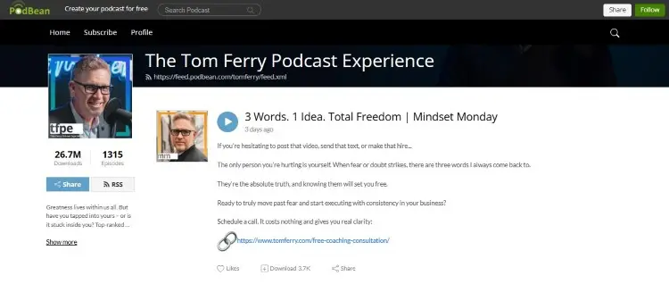 Podcast episode page displayed inside the Podbean platform interface