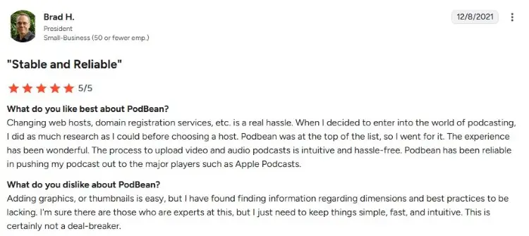 Customer review describing experiences using Podbean for podcast hosting and distribution