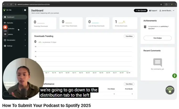 Podbean dashboard showing podcast deployment, distribution settings, and performance tracking tools