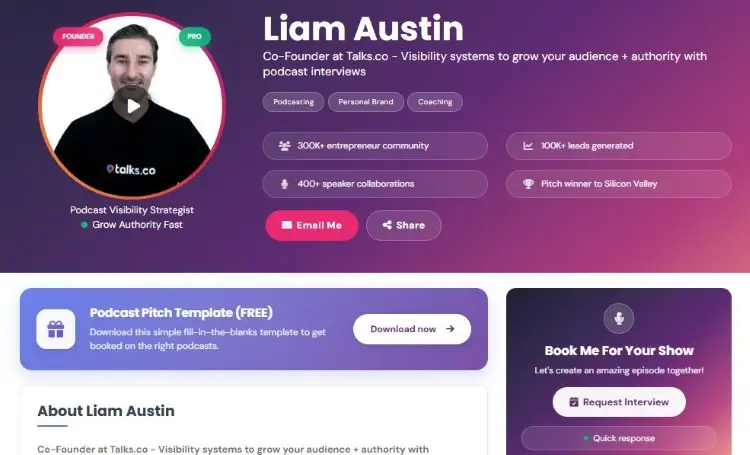 Speaker profile page designed for a podcast guest to showcase expertise and interview topics
