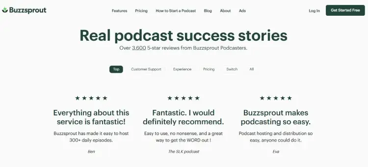 Buzzsprout webpage featuring reviews and testimonials from podcast creators