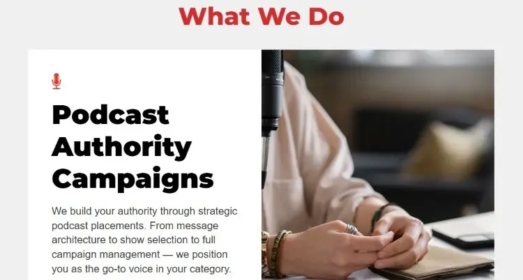 Command Your Brand service page promoting podcasting authority campaigns designed to build visibility through strategic podcast placements
